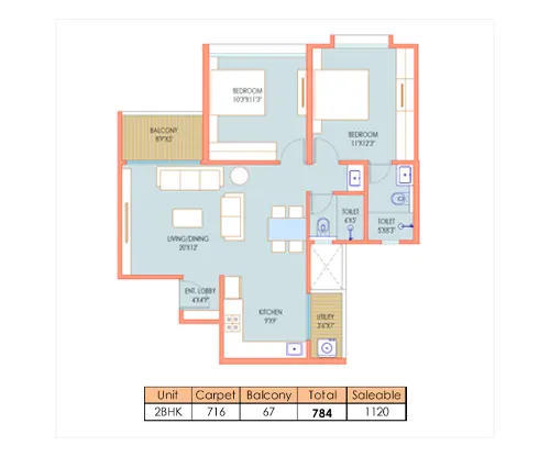 Unitary NIBM Annex 2 BHK Floor Plan